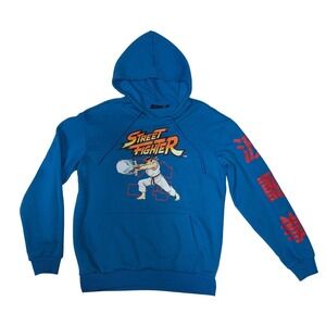Street Fighter Hoodie Size Medium Blue Ryu Hadouken‎ Graphic Kanji Sleeve